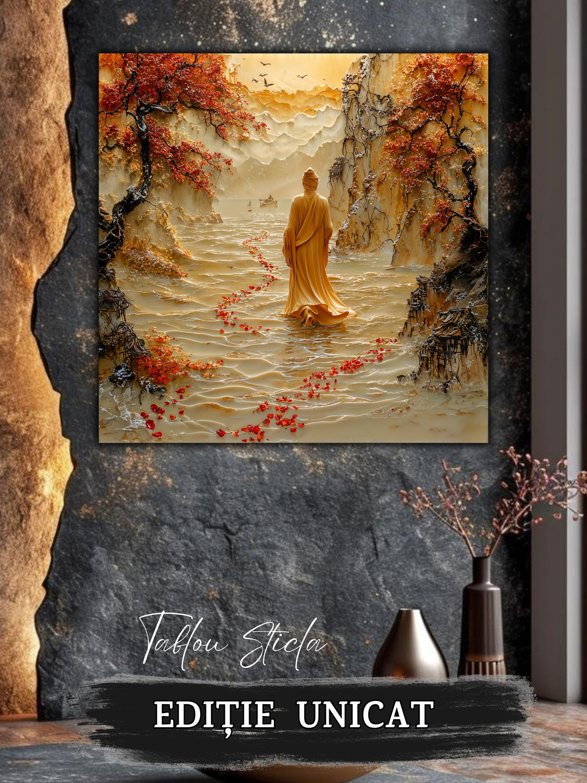 Mockup 4 – Tablou pentru living – Acolo unde începe lumina: Un drum roșu care urcă spre cerul cald, print UV pe sticlă securizată | Art-Zen