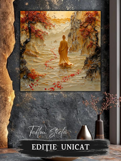 Mockup 4 – Tablou pentru living – Acolo unde începe lumina: Un drum roșu care urcă spre cerul cald, print UV pe sticlă securizată | Art-Zen