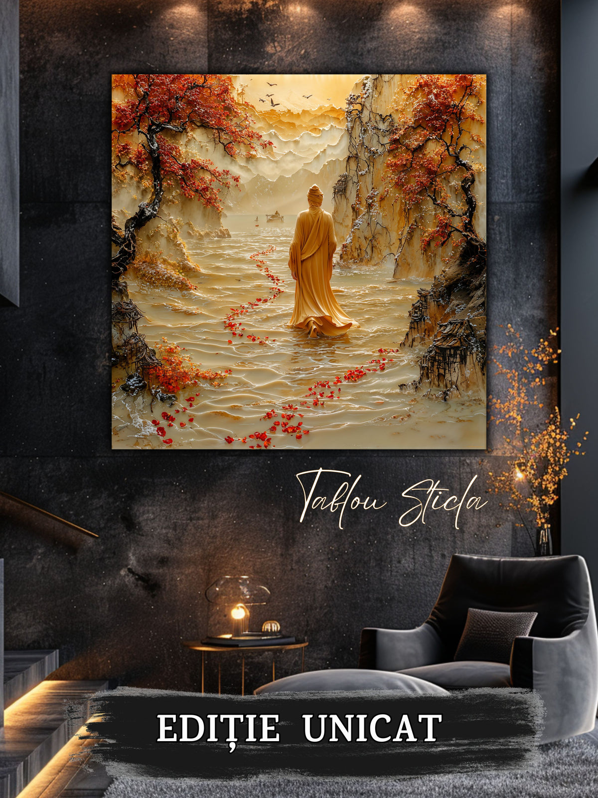 Mockup 1 – Tablou pentru living – Acolo unde începe lumina: Un drum roșu care urcă spre cerul cald, print UV pe sticlă securizată | Art-Zen