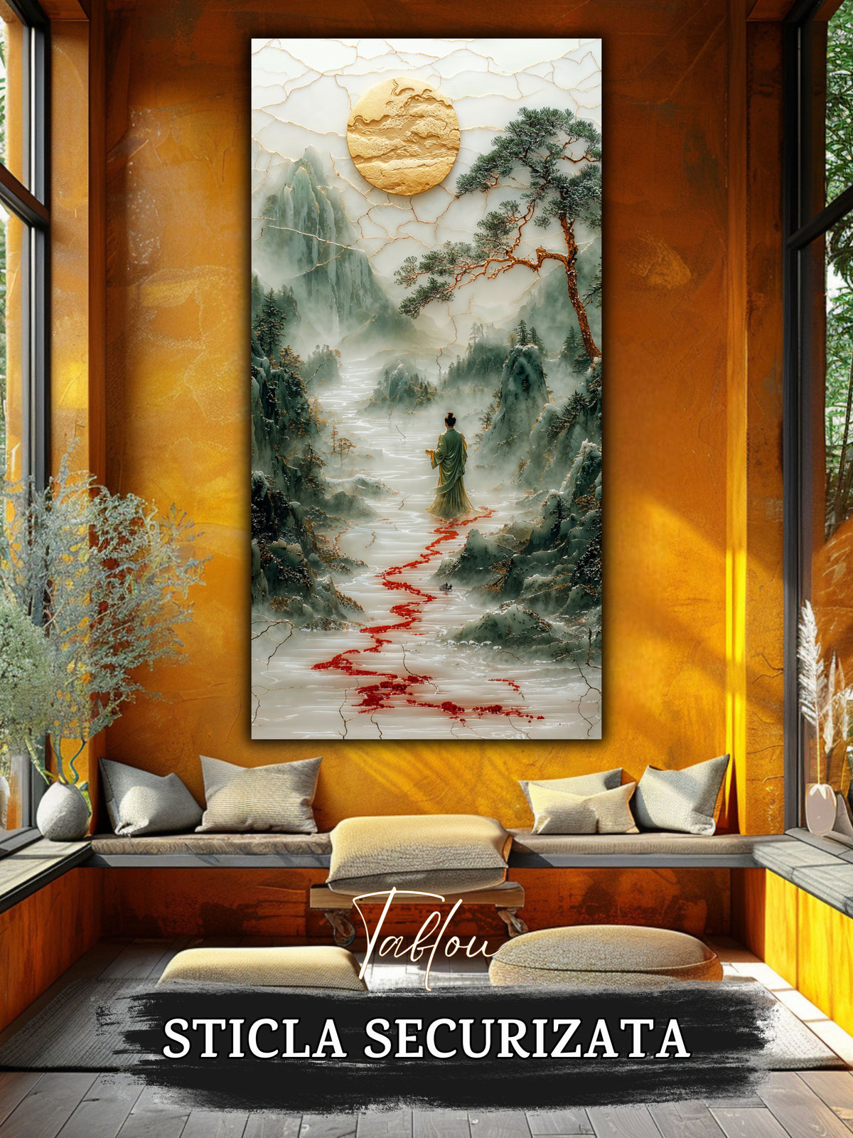 Mockup 3 – Tablou pentru living – Muntele răbdător: O siluetă mică și o cale roșie care deschide peisajul, print UV pe sticlă securizată | Art-Zen