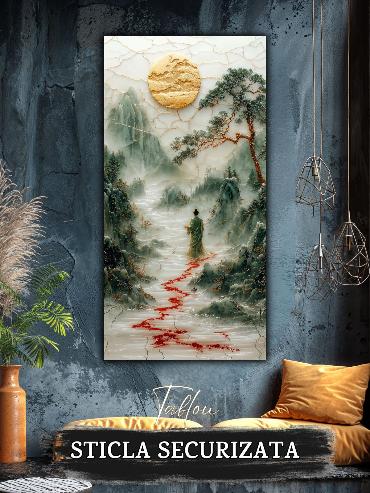 Mockup 4 – Tablou pentru living – Muntele răbdător: O siluetă mică și o cale roșie care deschide peisajul, print UV pe sticlă securizată | Art-Zen