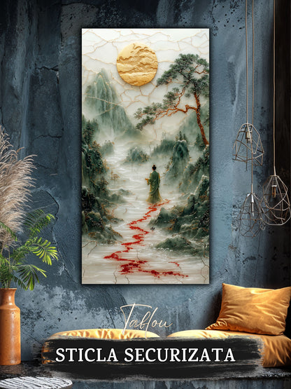 Mockup 4 – Tablou pentru living – Muntele răbdător: O siluetă mică și o cale roșie care deschide peisajul, print UV pe sticlă securizată | Art-Zen