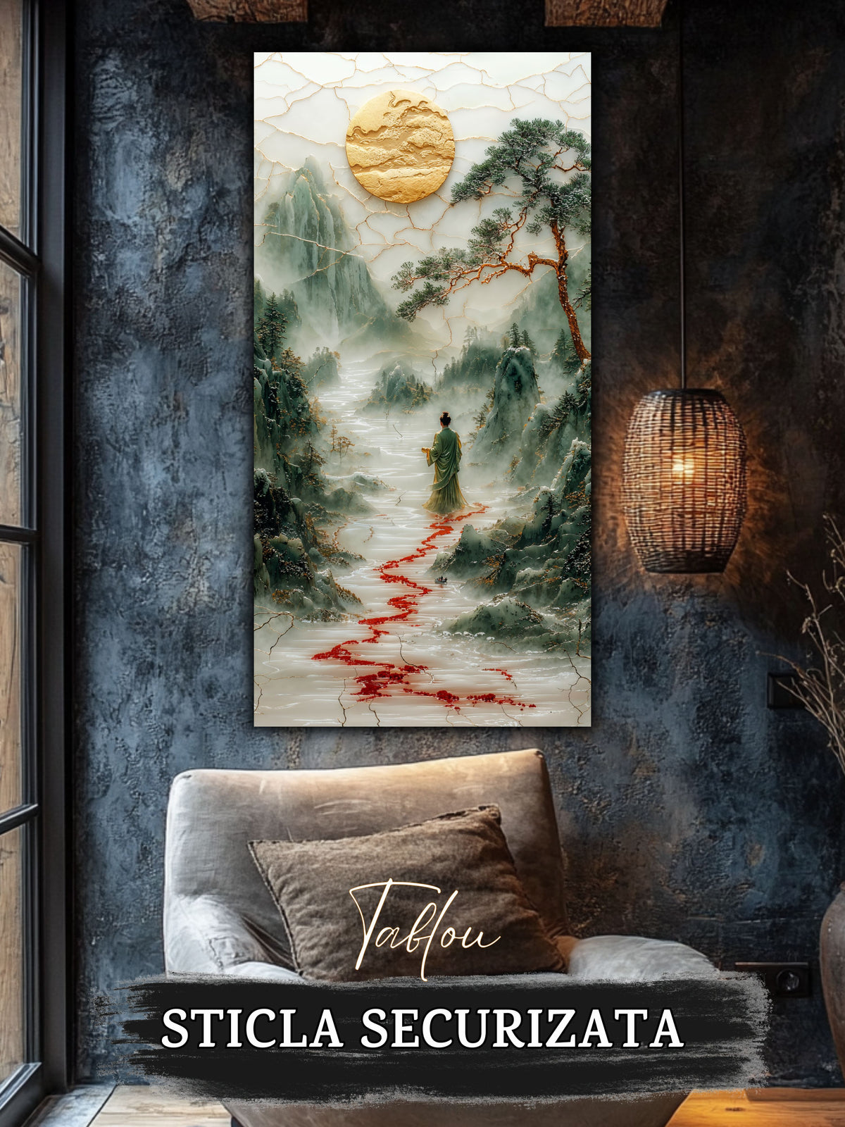 Mockup 1 – Tablou pentru living – Muntele răbdător: O siluetă mică și o cale roșie care deschide peisajul, print UV pe sticlă securizată | Art-Zen