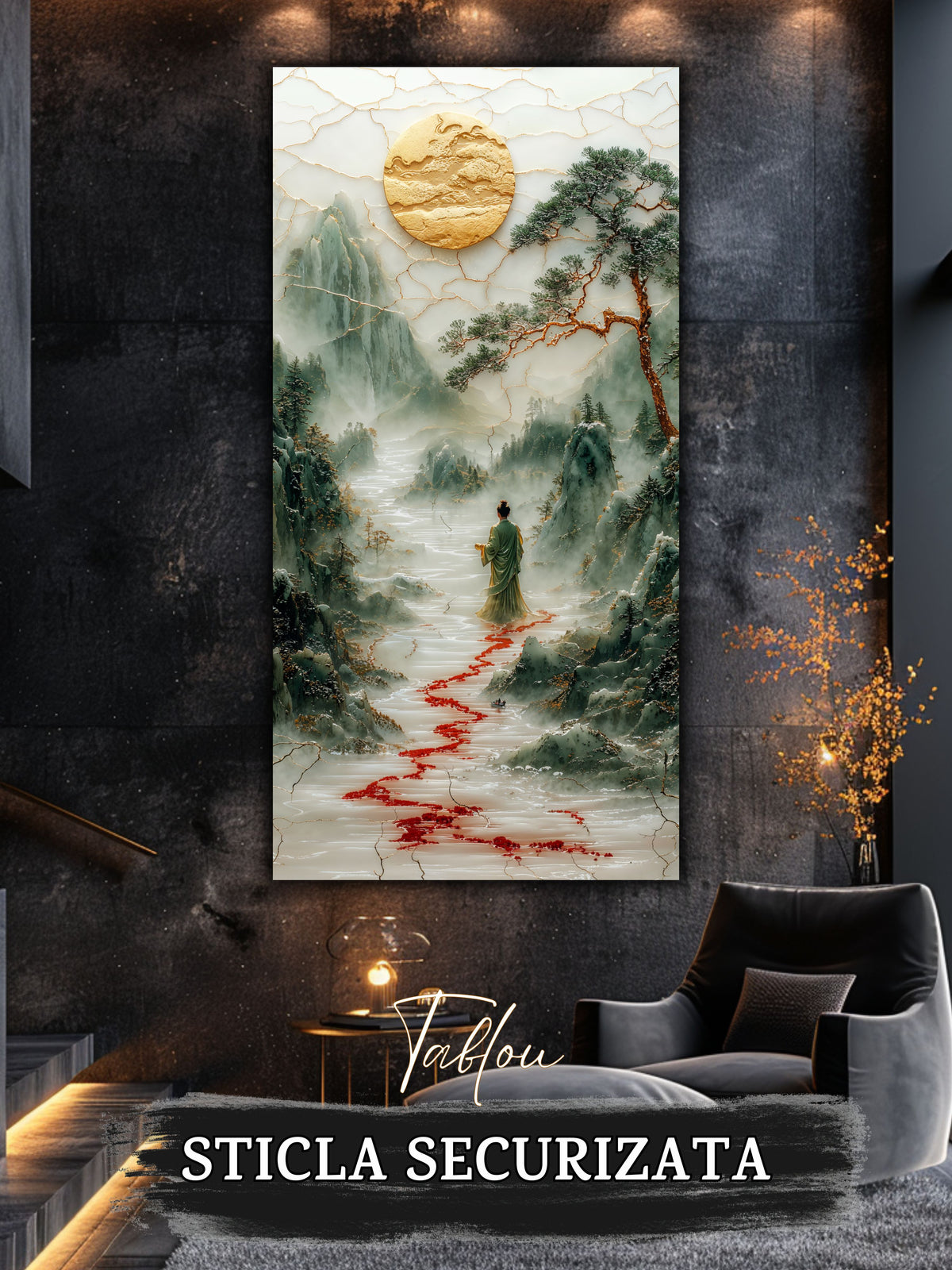 Mockup 5 – Tablou pentru living – Muntele răbdător: O siluetă mică și o cale roșie care deschide peisajul, print UV pe sticlă securizată | Art-Zen