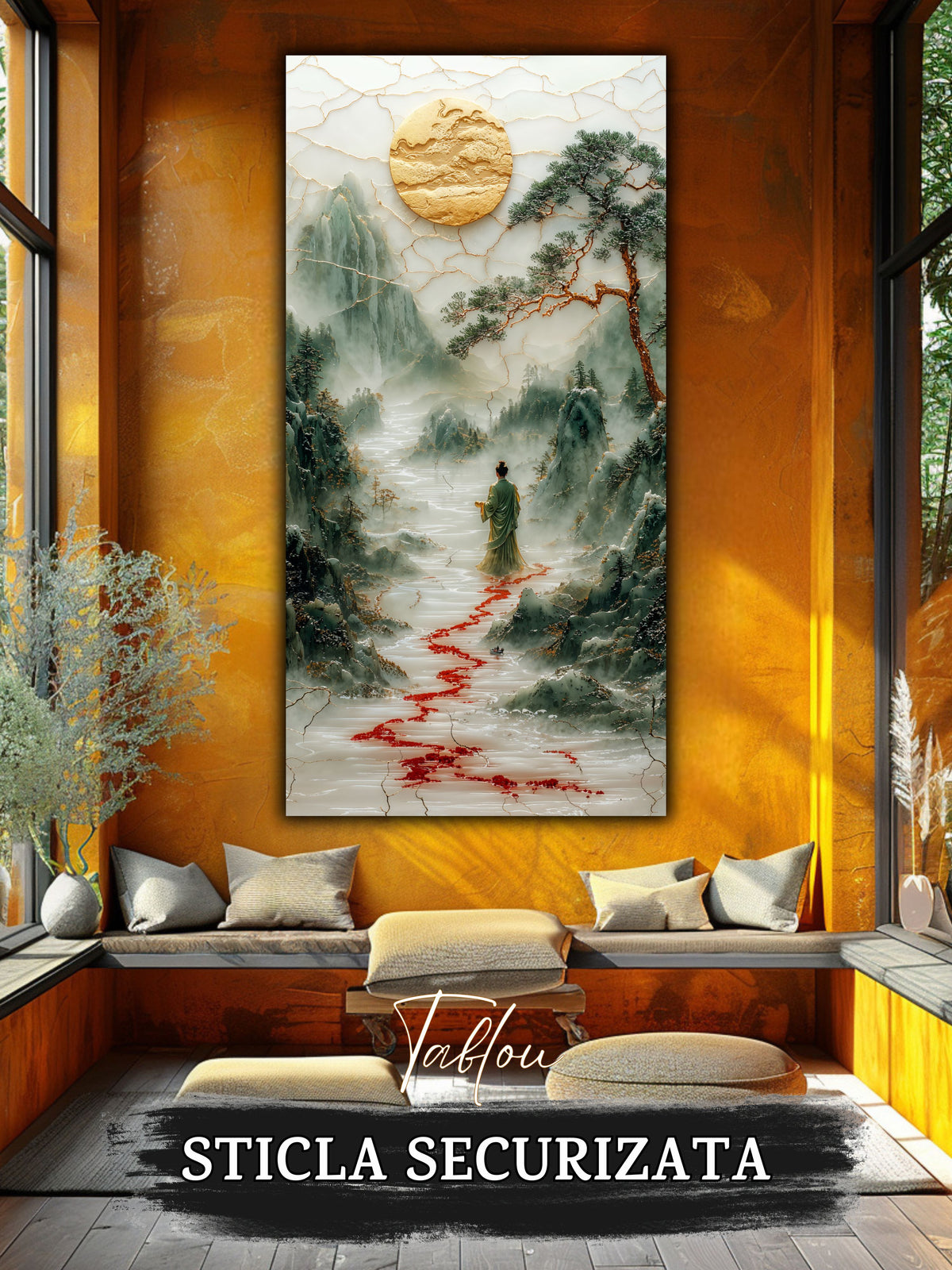 Mockup 6 – Tablou pentru living – Muntele răbdător: O siluetă mică și o cale roșie care deschide peisajul, print UV pe sticlă securizată | Art-Zen