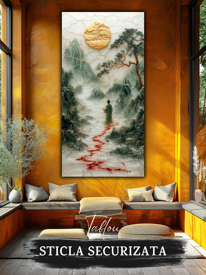 Mockup 6 – Tablou pentru living – Muntele răbdător: O siluetă mică și o cale roșie care deschide peisajul, print UV pe sticlă securizată | Art-Zen
