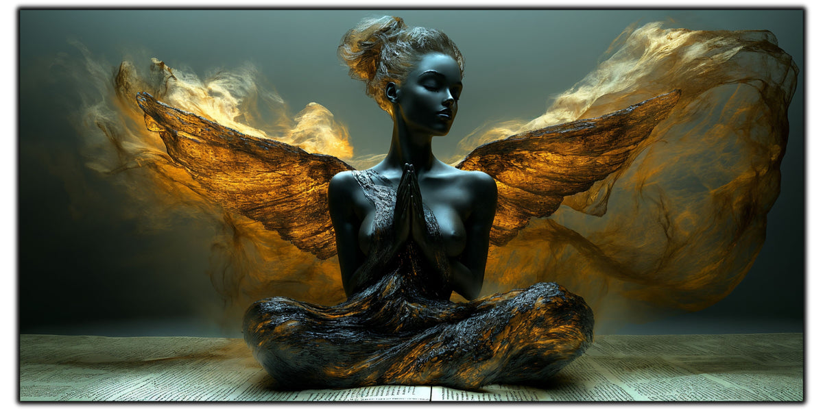 Tablou pentru living Prayer in Bronze pe sticlă securizată, figură feminină în rugăciune cu aripi de bronz, colecția Sacred Stillness Art-Zen