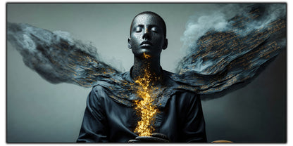 Tablou pentru living The Breath of Scripture pe sticlă securizată, figură masculină cu scriere luminoasă și aripi de fum, colecția Sacred Stillness Art-Zen
