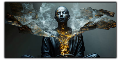 Tablou pentru living What Remains pe sticlă securizată, figură masculină cu fum, aur și cărți deschise, colecția Sacred Stillness Art-Zen