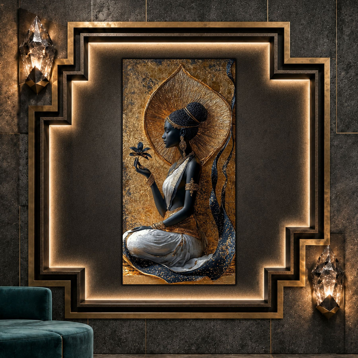 									Tablou vertical Crowned Stillness pe sticlă securizată, în interior Art Deco întunecat, cu nișă geometrică iluminată																										