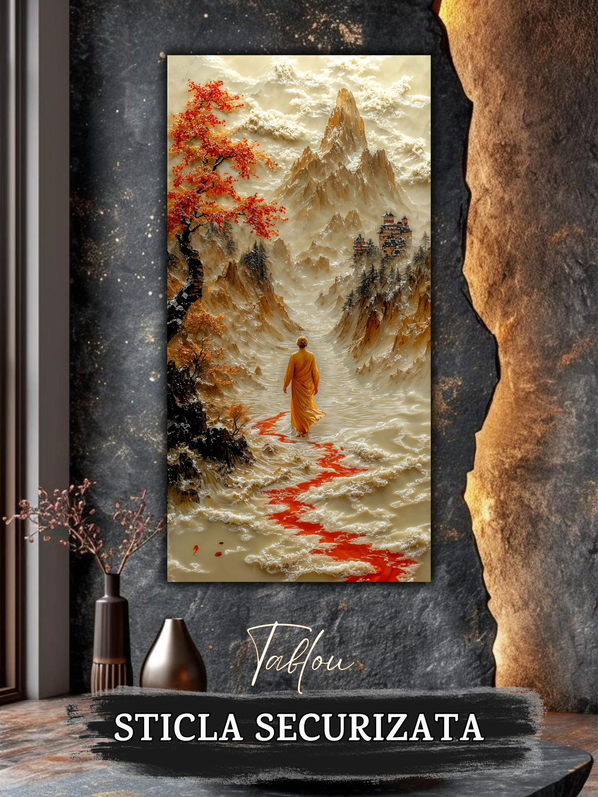 Mockup 2 – Tablou pentru living – Roșul care conduce: Mersul cald al unui călător prin arbori de toamnă, print UV pe sticlă securizată | Art-Zen
