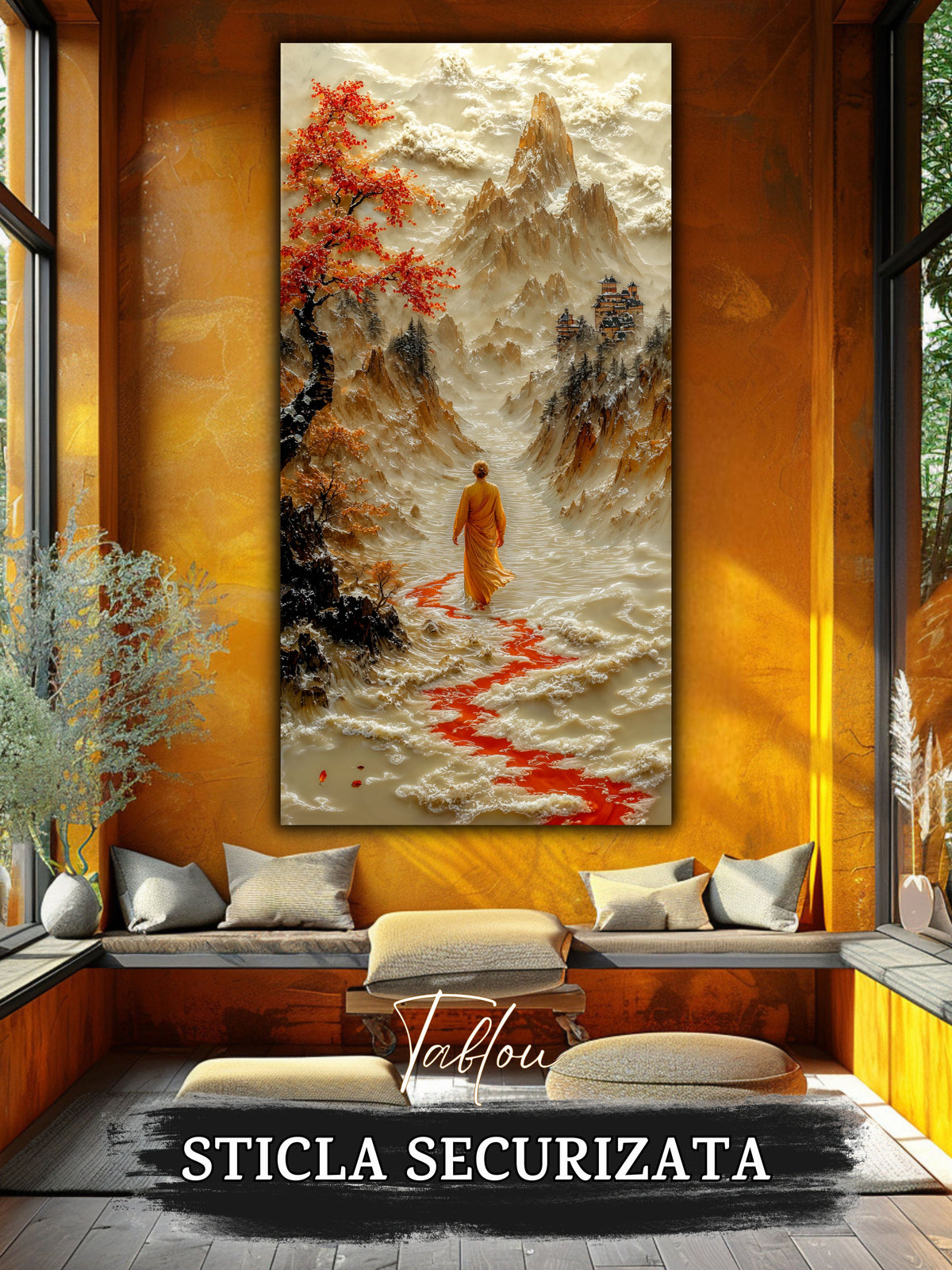 Mockup 3 – Tablou pentru living – Roșul care conduce: Mersul cald al unui călător prin arbori de toamnă, print UV pe sticlă securizată | Art-Zen
