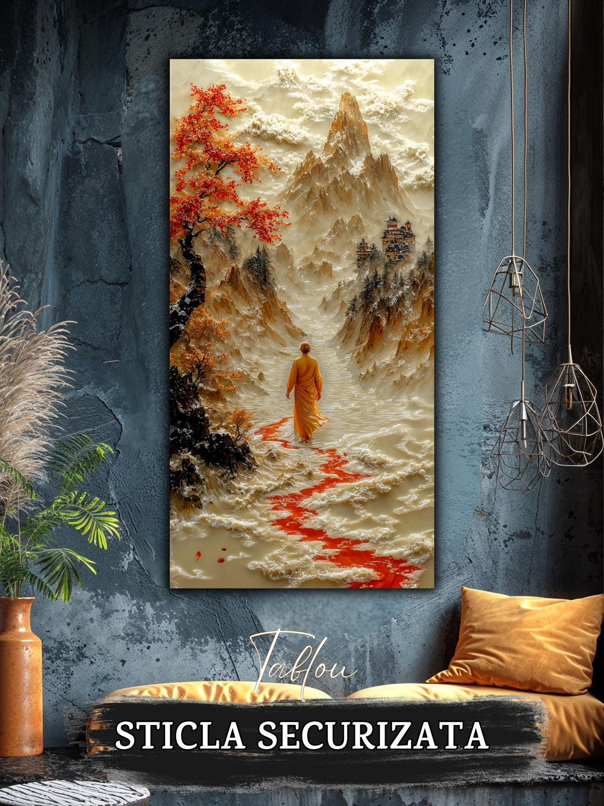 Mockup 4 – Tablou pentru living – Roșul care conduce: Mersul cald al unui călător prin arbori de toamnă, print UV pe sticlă securizată | Art-Zen
