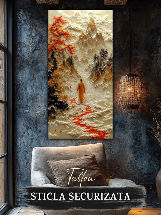 Mockup 1 – Tablou pentru living – Roșul care conduce: Mersul cald al unui călător prin arbori de toamnă, print UV pe sticlă securizată | Art-Zen