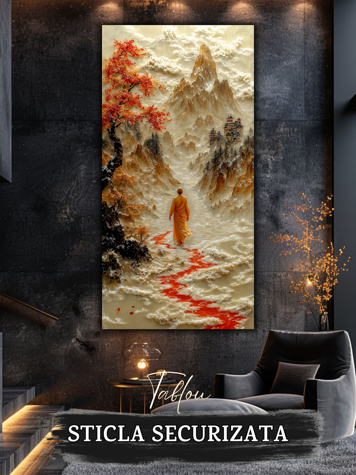 Mockup 5 – Tablou pentru living – Roșul care conduce: Mersul cald al unui călător prin arbori de toamnă, print UV pe sticlă securizată | Art-Zen