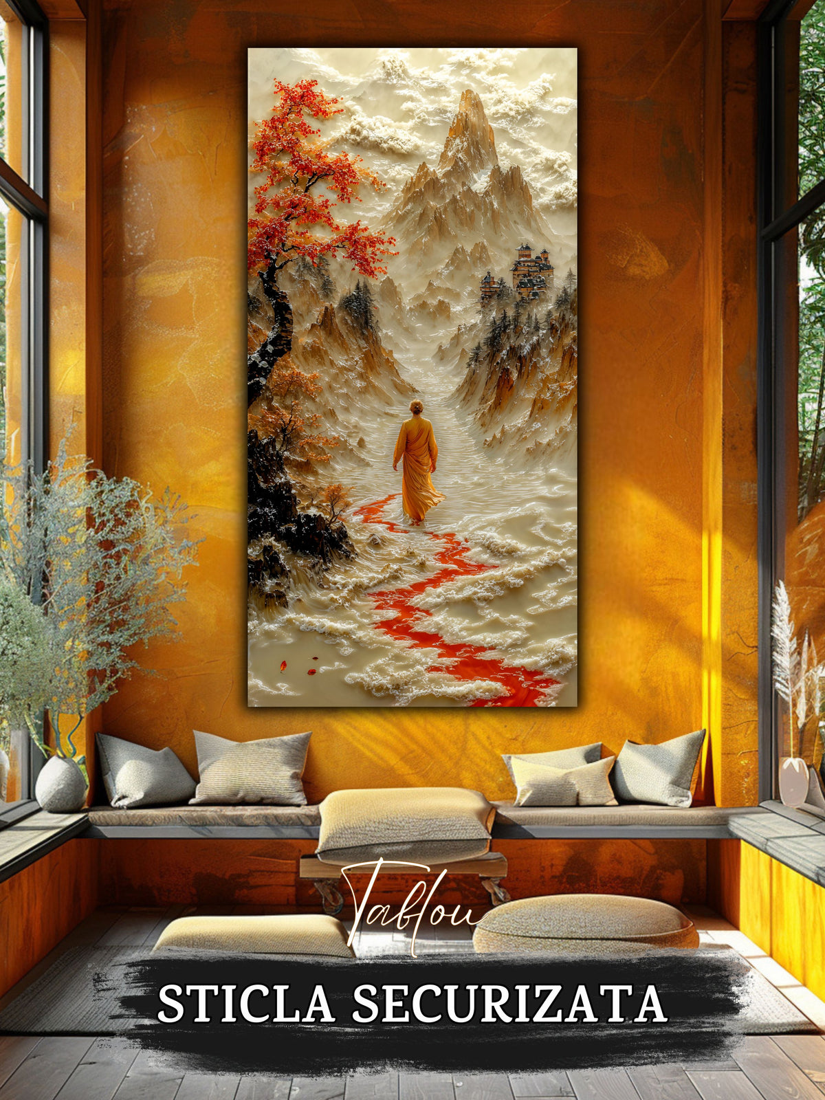 Mockup 6 – Tablou pentru living – Roșul care conduce: Mersul cald al unui călător prin arbori de toamnă, print UV pe sticlă securizată | Art-Zen