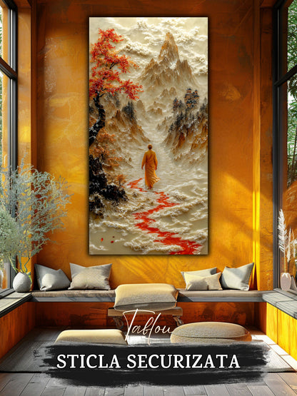 Mockup 6 – Tablou pentru living – Roșul care conduce: Mersul cald al unui călător prin arbori de toamnă, print UV pe sticlă securizată | Art-Zen