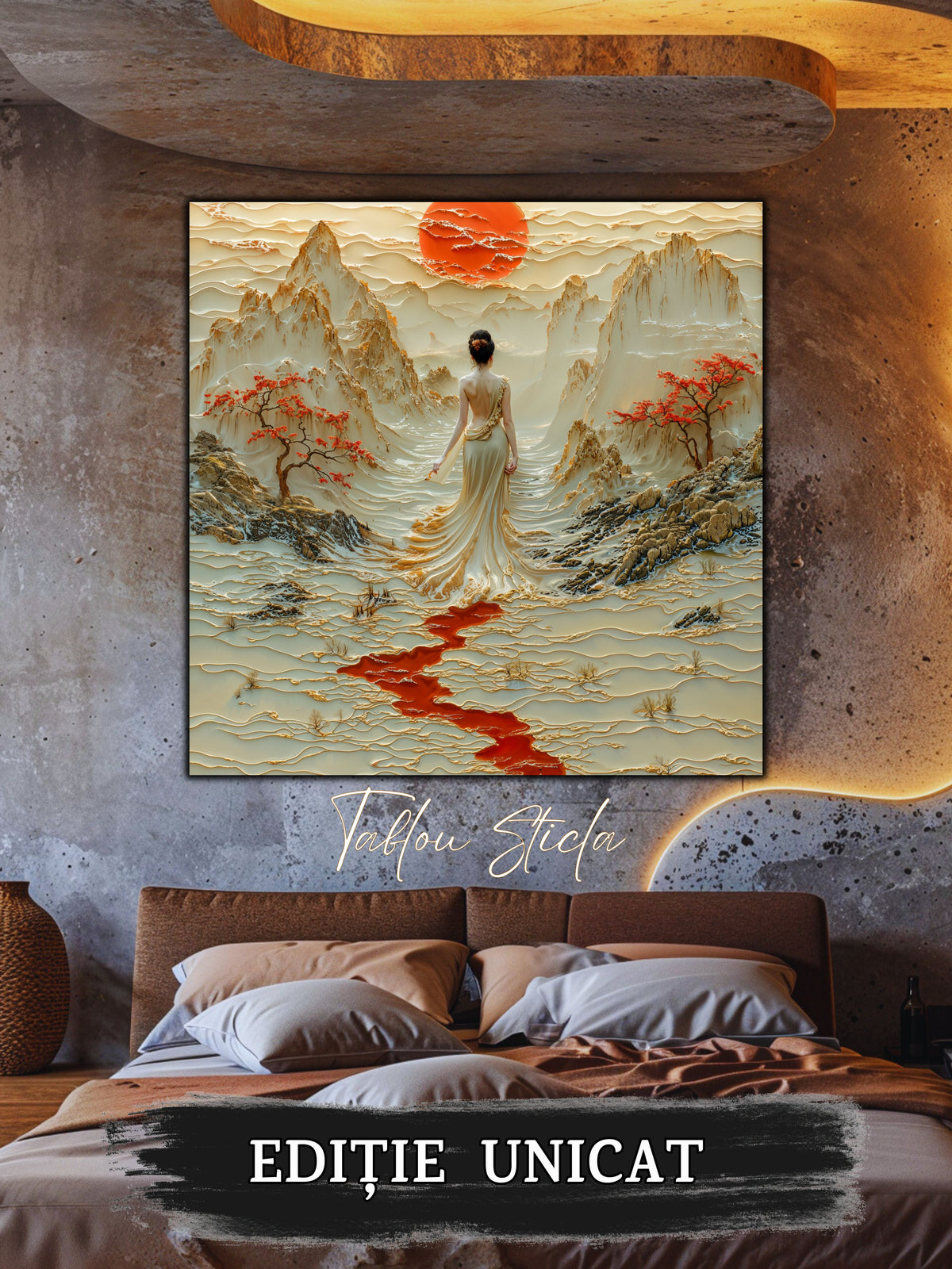Mockup 1 – Tablou pentru living – Păsări peste munții albi: Un cer deschis, copaci roșii și un drum interior, print UV pe sticlă securizată | Art-Zen