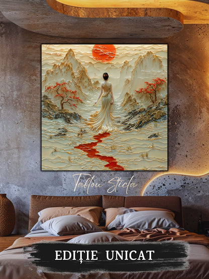Mockup 1 – Tablou pentru living – Păsări peste munții albi: Un cer deschis, copaci roșii și un drum interior, print UV pe sticlă securizată | Art-Zen