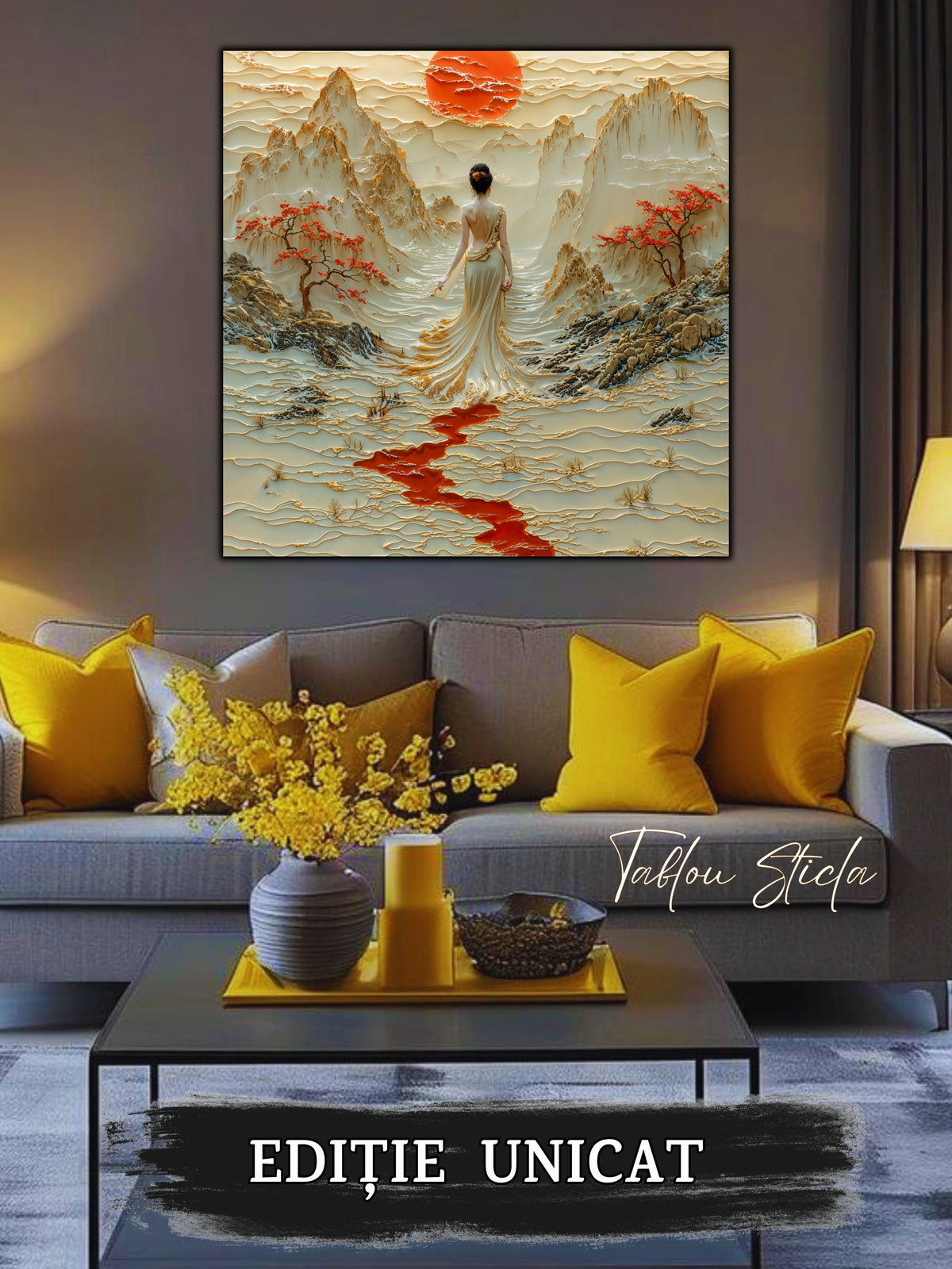 Mockup 2 – Tablou pentru living – Păsări peste munții albi: Un cer deschis, copaci roșii și un drum interior, print UV pe sticlă securizată | Art-Zen