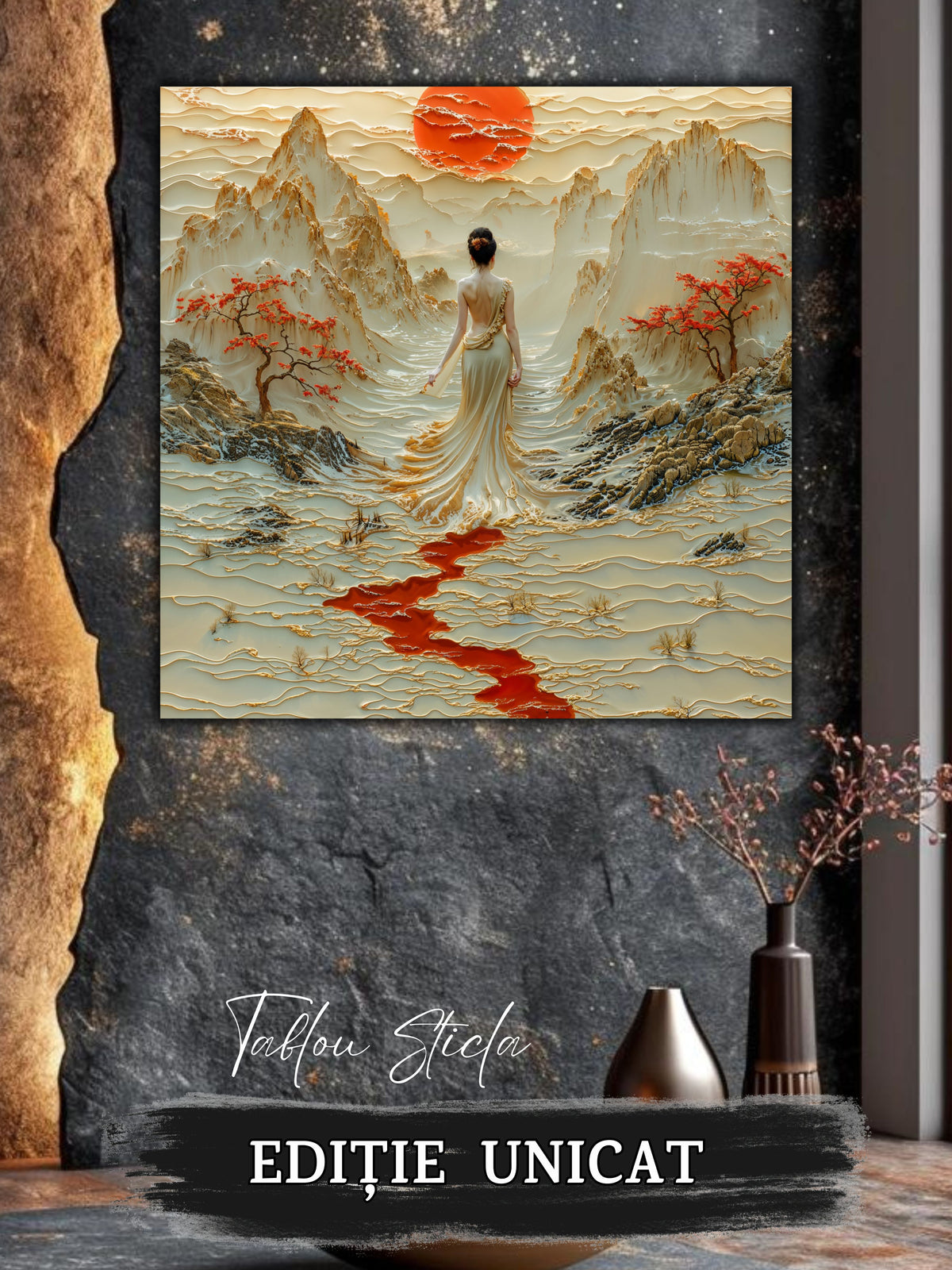 Mockup 3 – Tablou pentru living – Păsări peste munții albi: Un cer deschis, copaci roșii și un drum interior, print UV pe sticlă securizată | Art-Zen