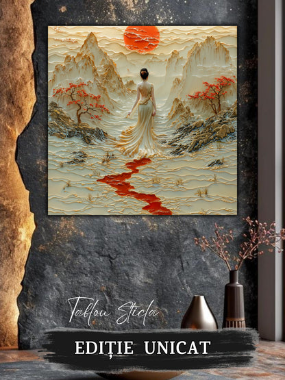 Mockup 3 – Tablou pentru living – Păsări peste munții albi: Un cer deschis, copaci roșii și un drum interior, print UV pe sticlă securizată | Art-Zen
