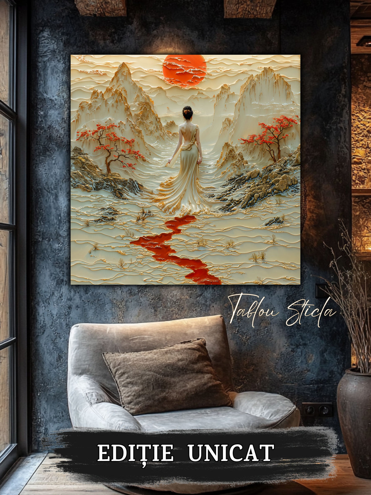 Mockup 4 – Tablou pentru living – Păsări peste munții albi: Un cer deschis, copaci roșii și un drum interior, print UV pe sticlă securizată | Art-Zen