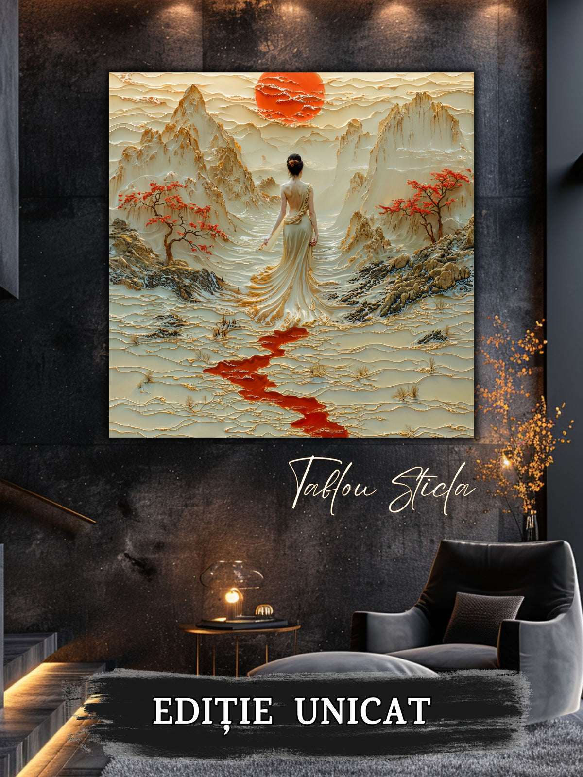 Mockup 5 – Tablou pentru living – Păsări peste munții albi: Un cer deschis, copaci roșii și un drum interior, print UV pe sticlă securizată | Art-Zen