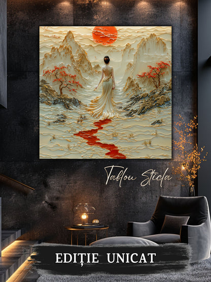 Mockup 5 – Tablou pentru living – Păsări peste munții albi: Un cer deschis, copaci roșii și un drum interior, print UV pe sticlă securizată | Art-Zen