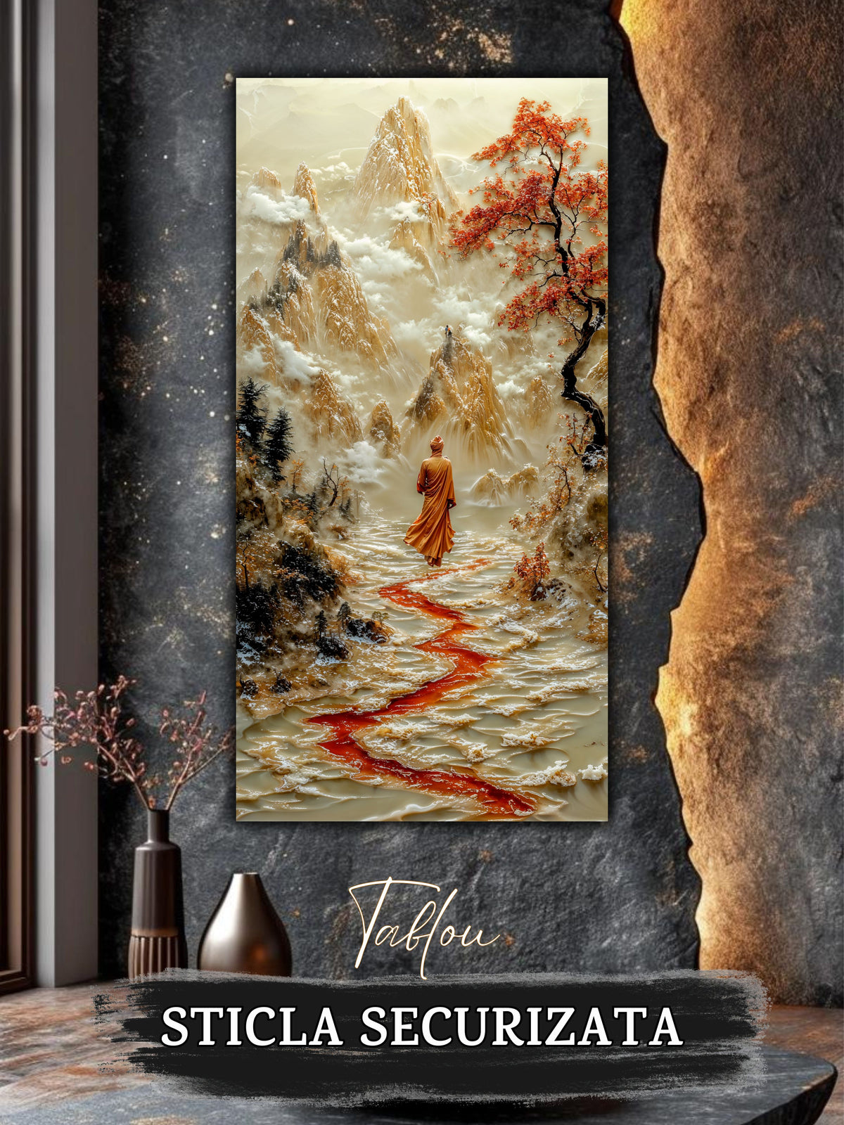 Mockup 2 – Tablou pentru living – Treptele către senin: Un drum viu, desenat între munți și arbori înfloriți, print UV pe sticlă securizată | Art-Zen
