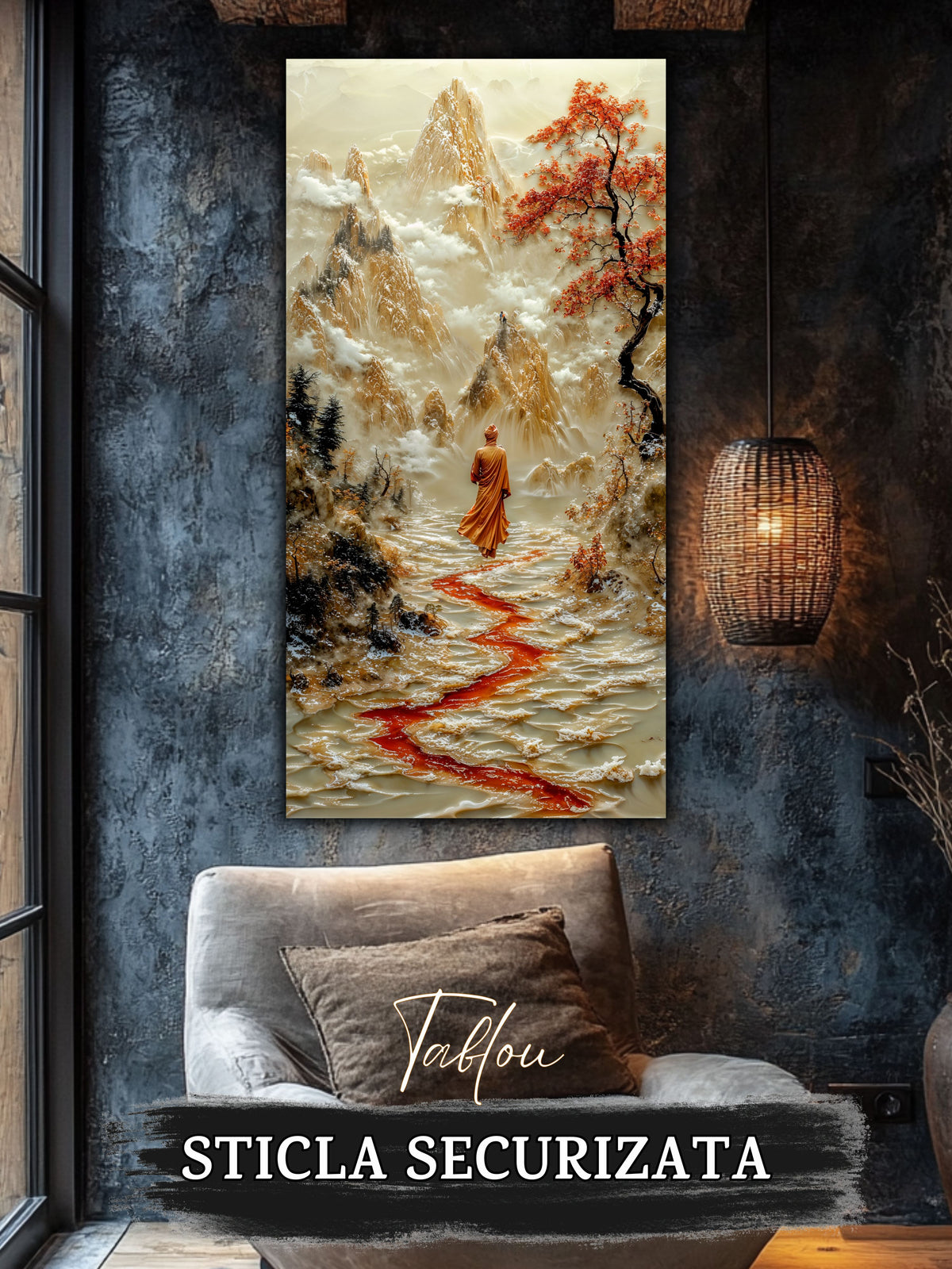 Mockup 4 – Tablou pentru living – Treptele către senin: Un drum viu, desenat între munți și arbori înfloriți, print UV pe sticlă securizată | Art-Zen