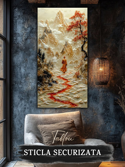 Mockup 4 – Tablou pentru living – Treptele către senin: Un drum viu, desenat între munți și arbori înfloriți, print UV pe sticlă securizată | Art-Zen