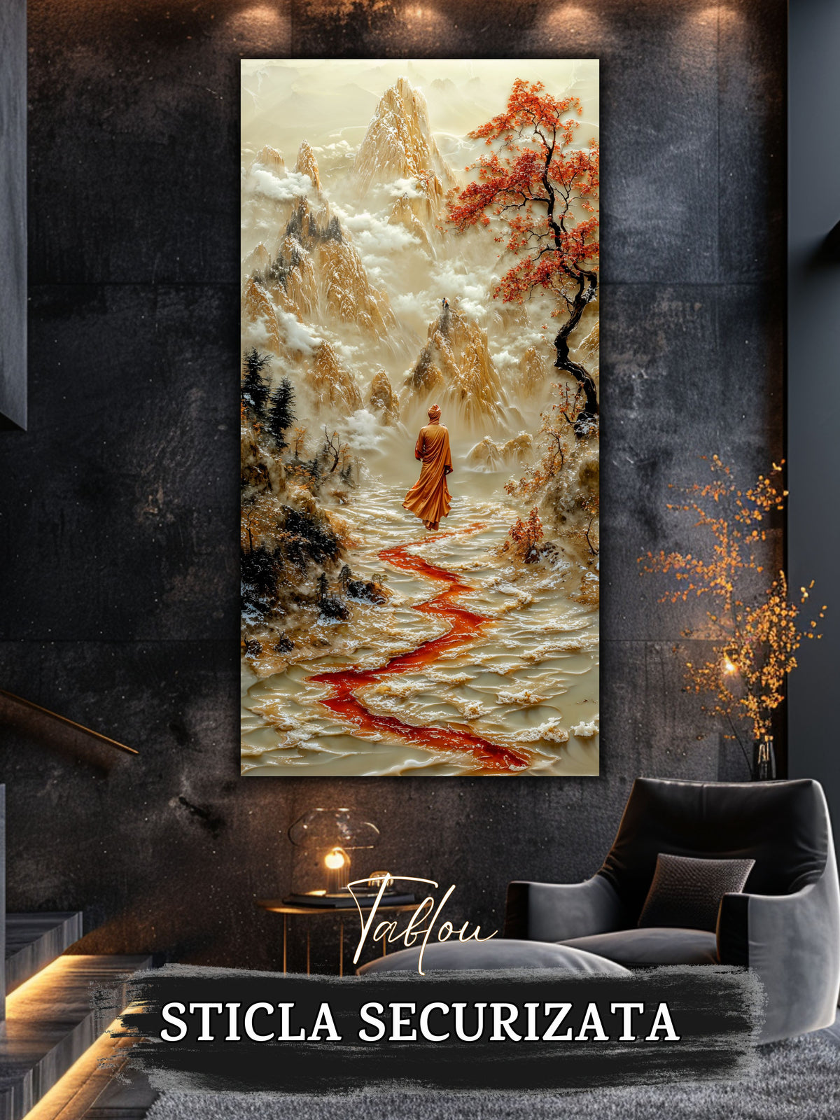 Mockup 5 – Tablou pentru living – Treptele către senin: Un drum viu, desenat între munți și arbori înfloriți, print UV pe sticlă securizată | Art-Zen