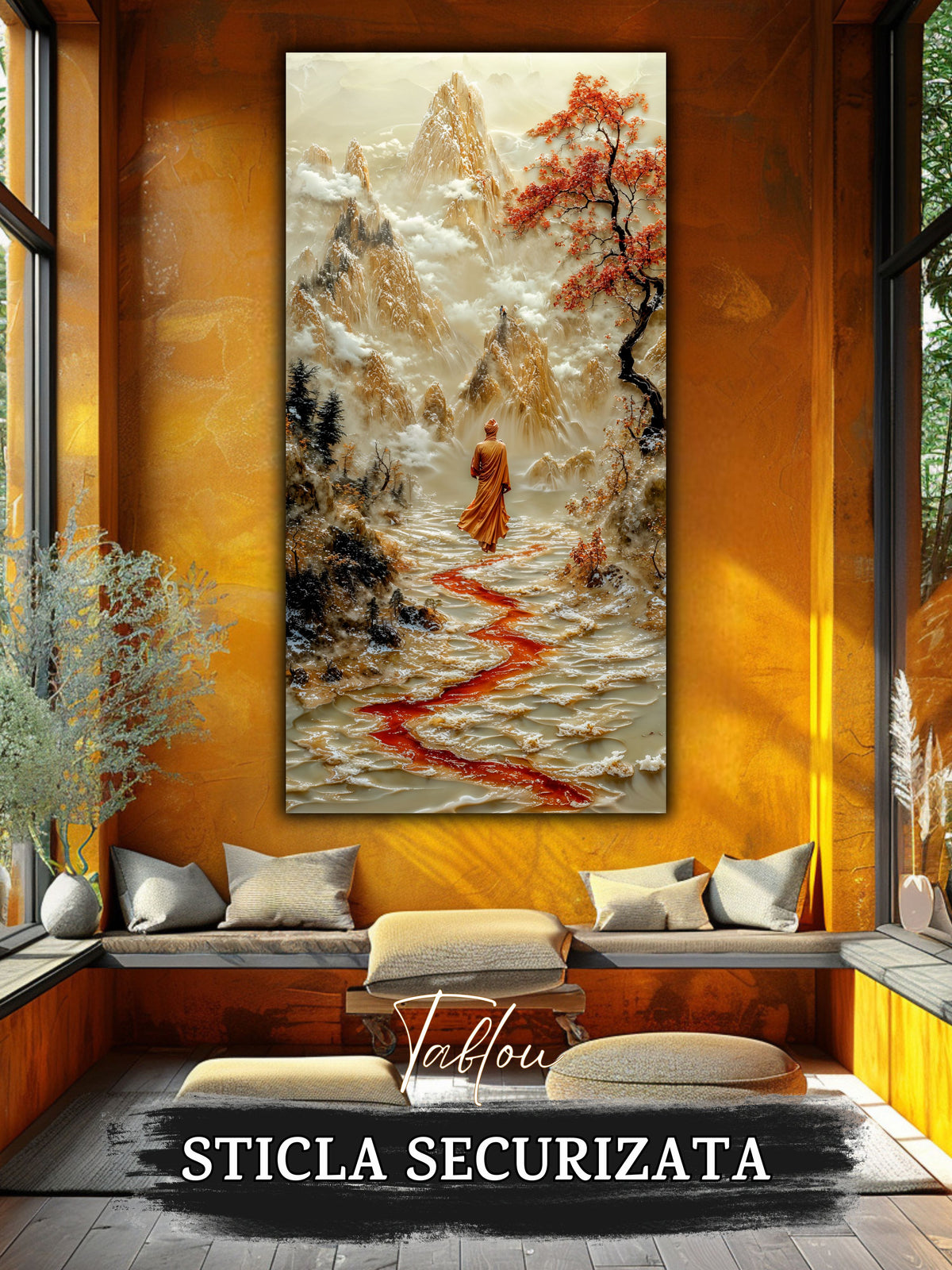Mockup 6 – Tablou pentru living – Treptele către senin: Un drum viu, desenat între munți și arbori înfloriți, print UV pe sticlă securizată | Art-Zen