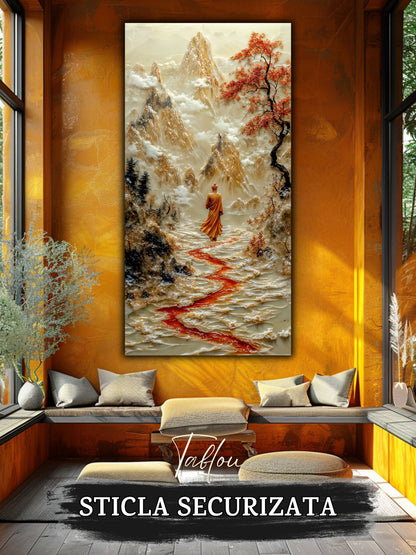 Mockup 6 – Tablou pentru living – Treptele către senin: Un drum viu, desenat între munți și arbori înfloriți, print UV pe sticlă securizată | Art-Zen