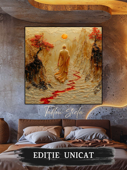 Mockup 2 – Tablou pentru living – Tăcerea călătorului: Mersul așezat printr-o vale luminată, print UV pe sticlă securizată | Art-Zen