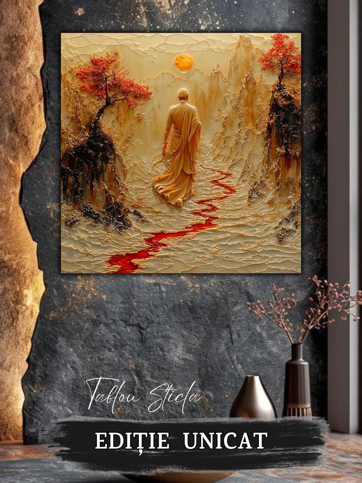 Mockup 3 – Tablou pentru living – Tăcerea călătorului: Mersul așezat printr-o vale luminată, print UV pe sticlă securizată | Art-Zen