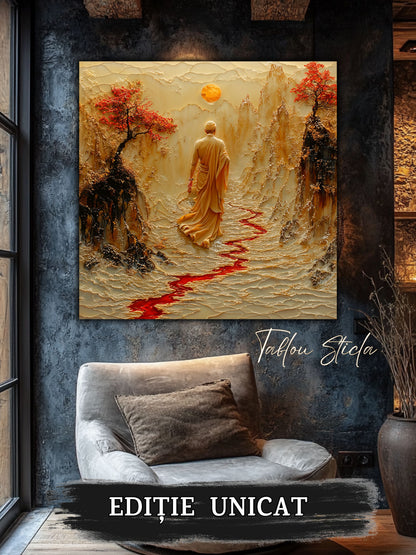 Mockup 4 – Tablou pentru living – Tăcerea călătorului: Mersul așezat printr-o vale luminată, print UV pe sticlă securizată | Art-Zen