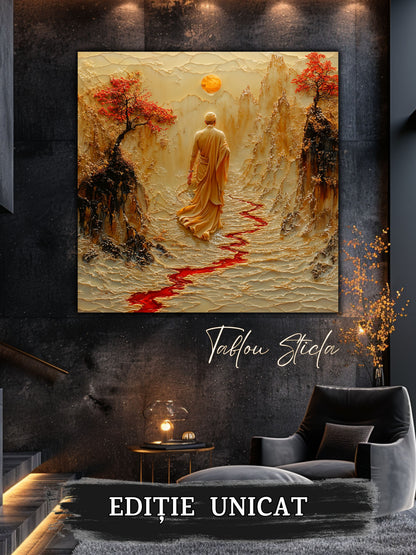 Mockup 5 – Tablou pentru living – Tăcerea călătorului: Mersul așezat printr-o vale luminată, print UV pe sticlă securizată | Art-Zen