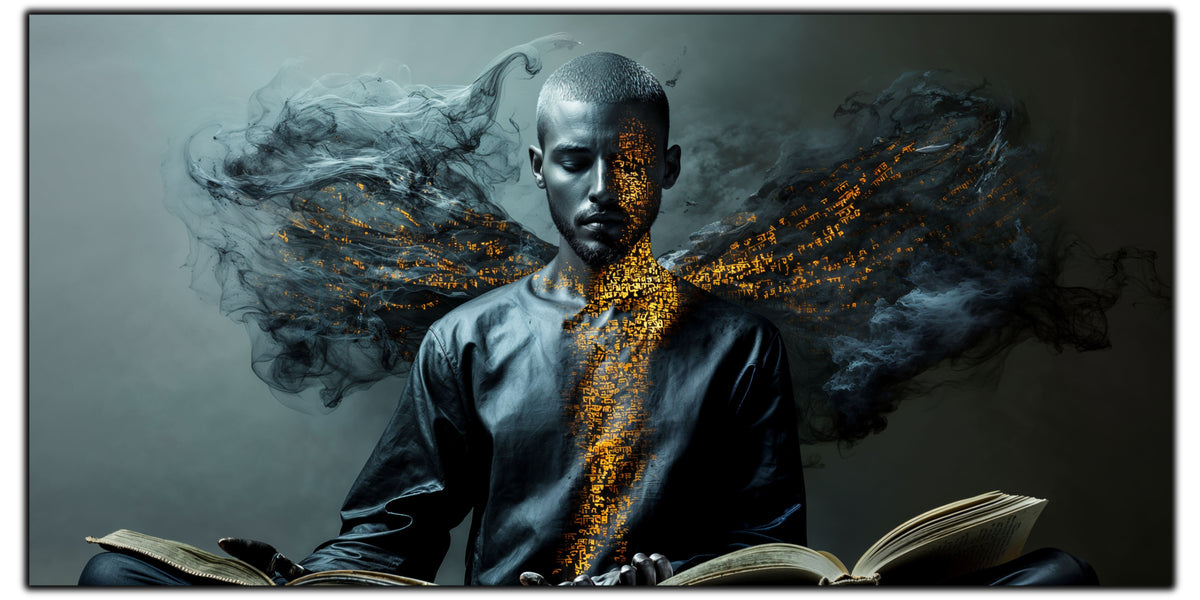 Tablou pentru living Script of Smoke pe sticlă securizată, figură masculină cu semne aurii și aripi de fum, colecția Sacred Stillness Art-Zen