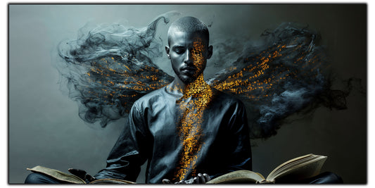Tablou pentru living Script of Smoke pe sticlă securizată, figură masculină cu semne aurii și aripi de fum, colecția Sacred Stillness Art-Zen