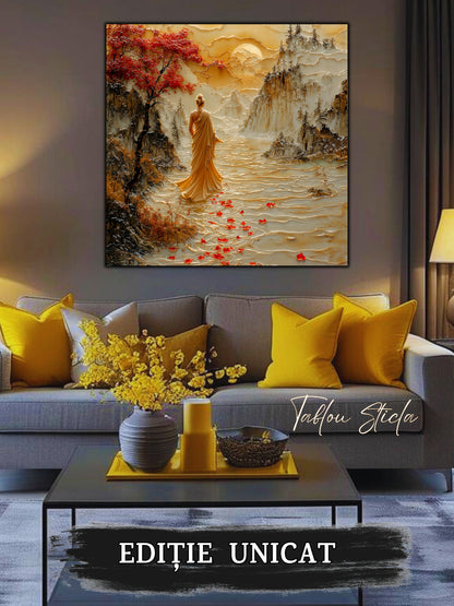Mockup 3 – Tablou pentru living – Sub ramurile roșii: O siluetă care traversează o lume de toamnă și piatră, print UV pe sticlă securizată | Art-Zen