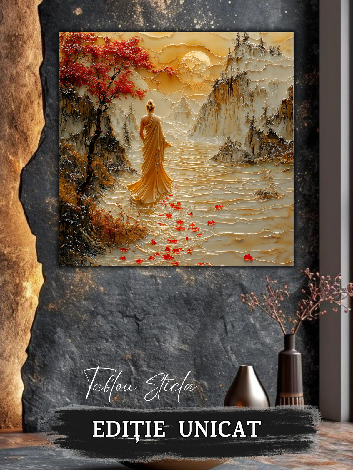Mockup 4 – Tablou pentru living – Sub ramurile roșii: O siluetă care traversează o lume de toamnă și piatră, print UV pe sticlă securizată | Art-Zen