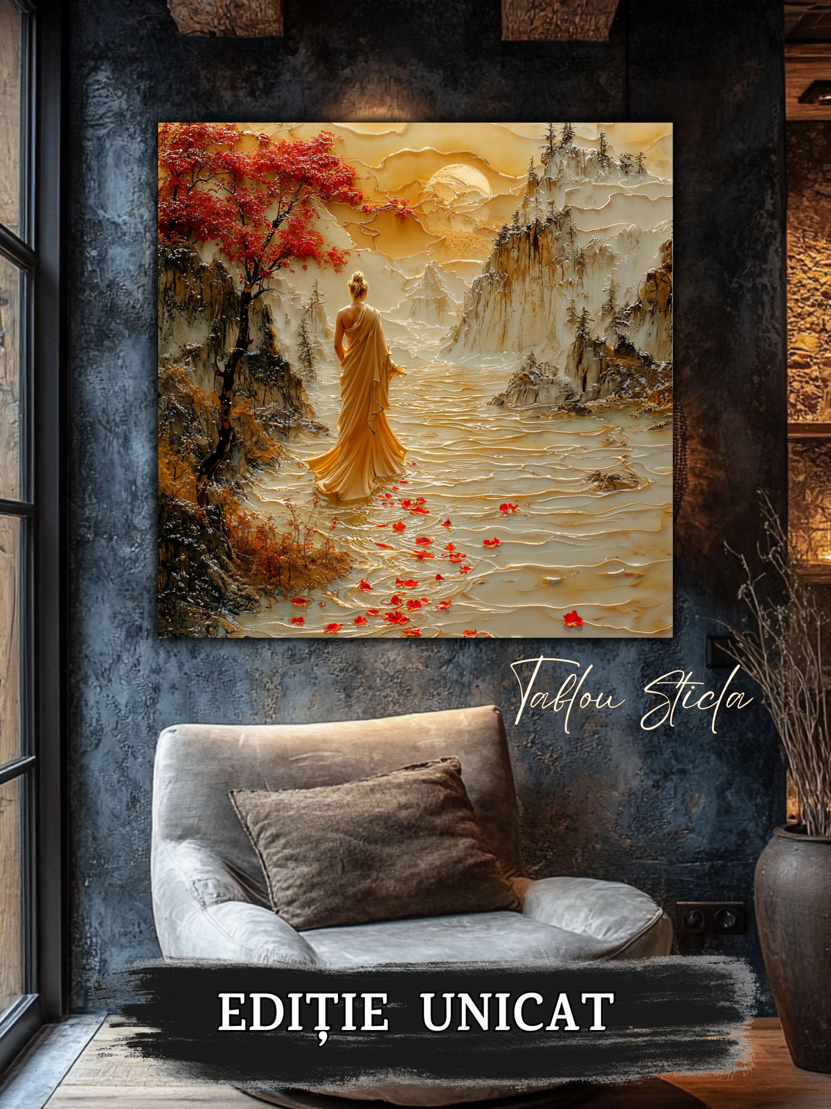 Mockup 5 – Tablou pentru living – Sub ramurile roșii: O siluetă care traversează o lume de toamnă și piatră, print UV pe sticlă securizată | Art-Zen