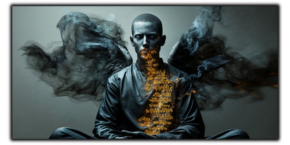 Tablou pentru living The Burning Text pe sticlă securizată, figură masculină meditativă cu fum și scriere aurie, colecția Sacred Stillness Art-Zen