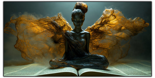 Tablou pentru living Wings of Witness pe sticlă securizată, figură feminină cu aripi de piatră aurie și carte, colecția Sacred Stillness Art-Zen