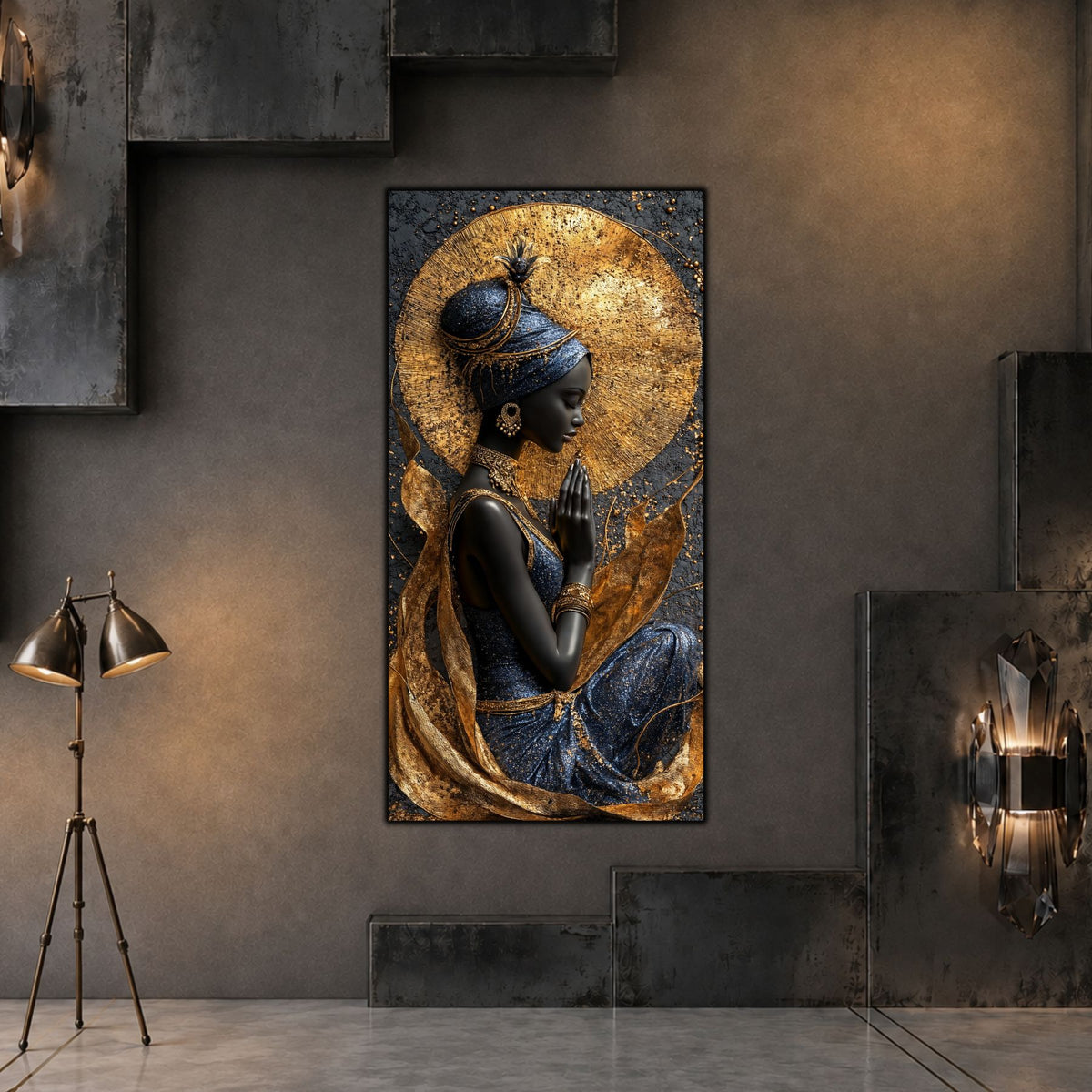 Tablou vertical Quiet Devotion pe sticlă securizată, în living contemporan în tonuri grafit, cu lumină laterală caldă