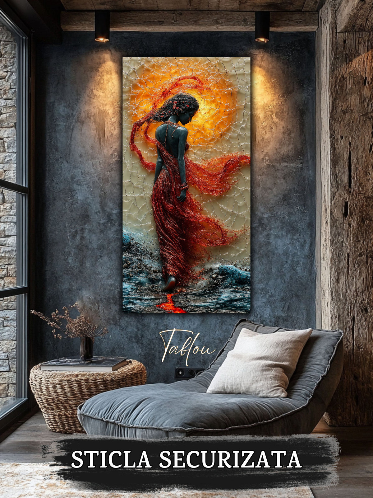 Tablou elegant pentru sufragerie, cu profilul feminin in bataia vantului sub un soare rosiatic mare, in nuante de rosu profund, un decor pentru livingul tau.