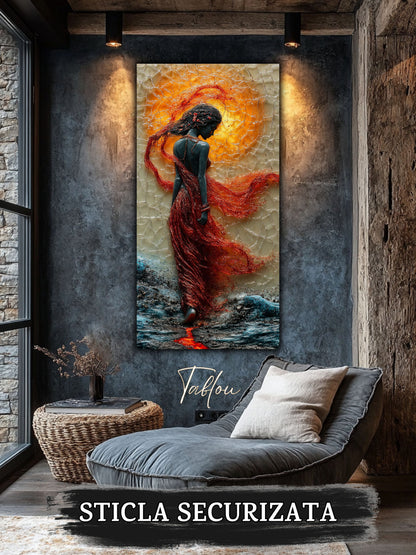 Tablou elegant pentru sufragerie, cu profilul feminin in bataia vantului sub un soare rosiatic mare, in nuante de rosu profund, un decor pentru livingul tau.